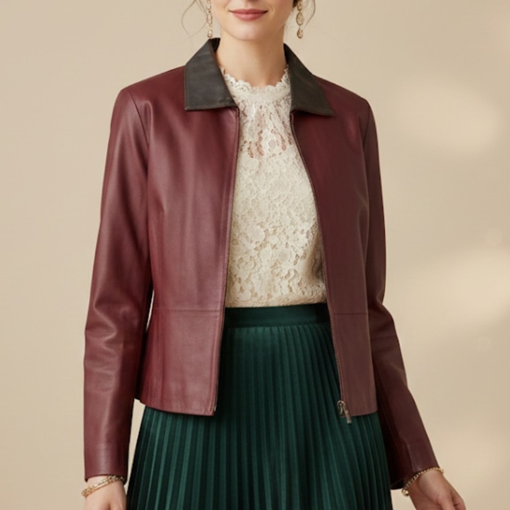 Sigrid Olsen 100% Leather Jacket Full Zip Size 4 Burgundy Red Soft Classic EUC